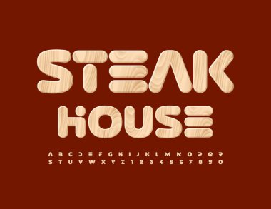 Alfabe harflerinin, sayıların ve noktalama işaretlerinin vektör kümesi. Yazılı ahşap tabela Biftek Evi