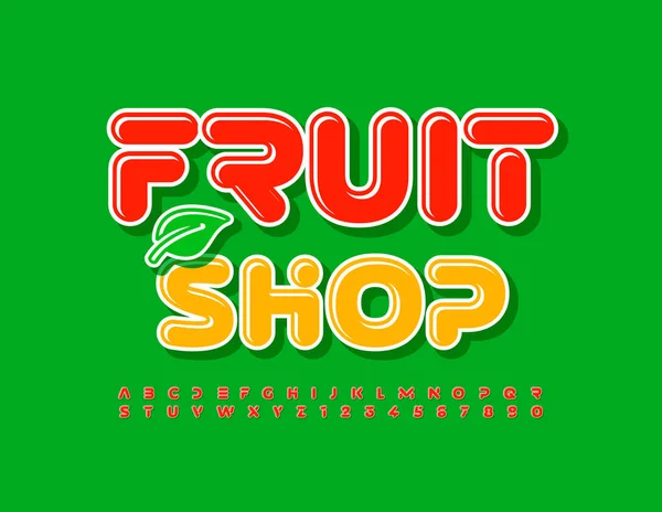 Διάνυσμα Επαγγελματική Πινακίδα Φρούτα Κατάστημα Διακοσμητικά Φύλλα Κόκκινη Λαμπερή Γραμματοσειρά — Διανυσματικό Αρχείο