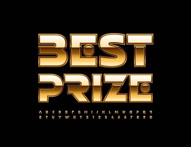 Vector premium banner Best Prize. Gold creative Font. glossy elite Alphabet Letters and Numbers set
