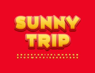 Yapıştırma biçimli Sunny Resort vektör seyahat amblemi. Sarı Alfabe Harfleri ve Sayıları kümesi
