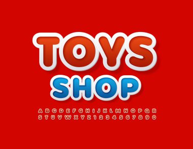 Parlak amblem Oyuncaklar Dükkanı. Kırmızı modern yazı tipi. Alfabe Harfleri ve Sayıları seti hoşmuş.