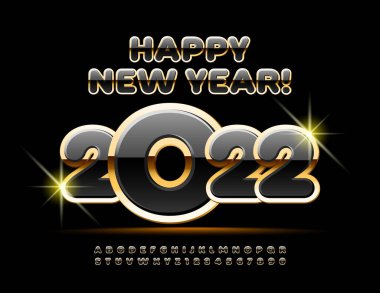 Vektör stili tebrik kartı Mutlu yıllar 2022! Siyah ve Altın Alfabe Harfleri ve Numaralar ayarlandı. Elit Modern Yazıtipi