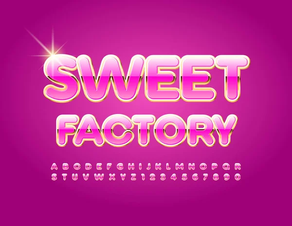 Vector Brilhante Sinal Sweet Factory Pink Golden Font Letras Números — Vetor de Stock