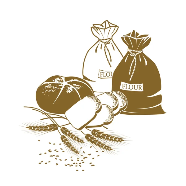 Pain d'illustration, épis de blé et sacs de farine — Image vectorielle