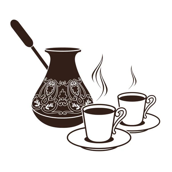 Hot Turkish coffee pots in two cups — Stock Vector