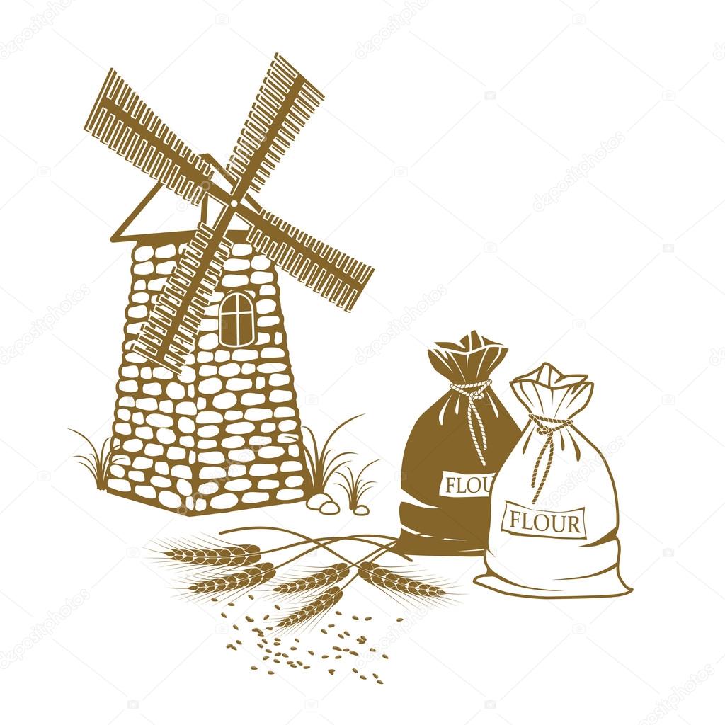 Vector illustration of ears of wheat, sacks of flour and windmill on the white background