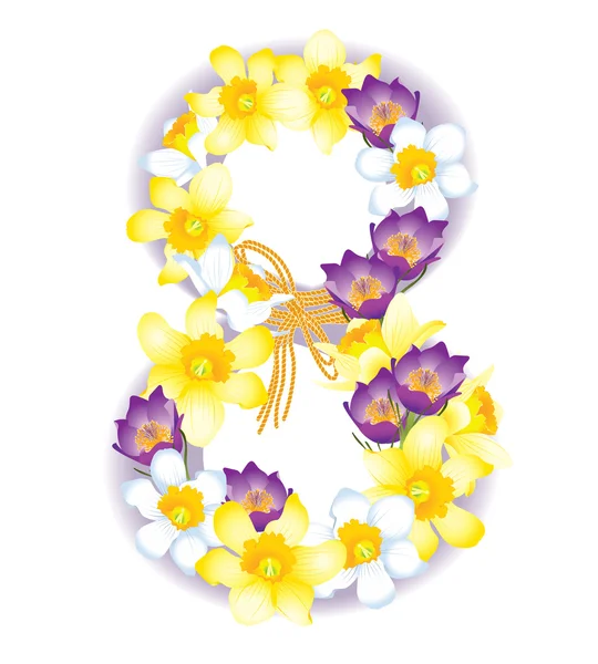 Carte de voeux avec 8 mars, fleurs jonquilles et crocus — Image vectorielle