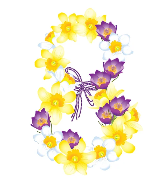 Tarjeta de felicitación con 8 de marzo, flores narcisos y azafrán — Archivo Imágenes Vectoriales