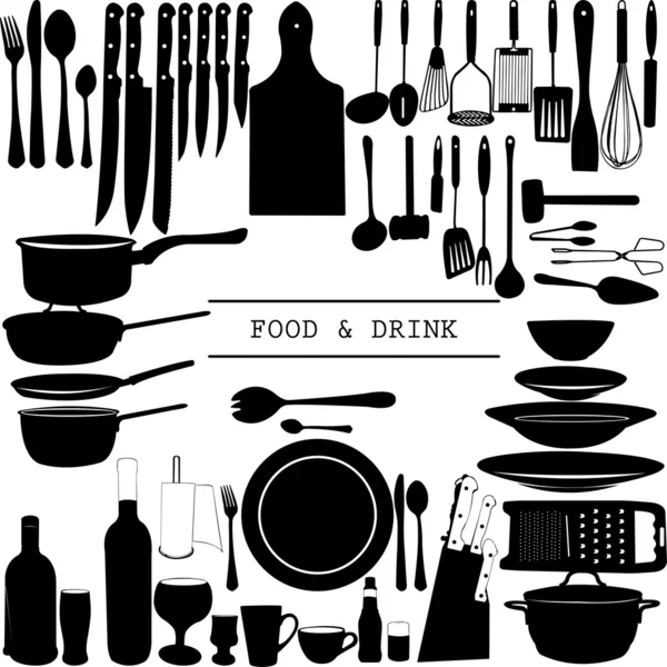 Alimentos y bebidas utensilios de cocina aislados - vector — Archivo Imágenes Vectoriales