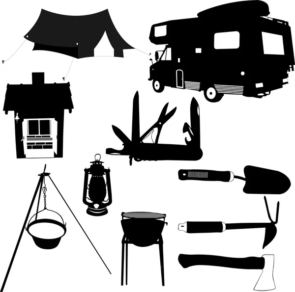 Camping uitrusting silhouetten — Stockvector