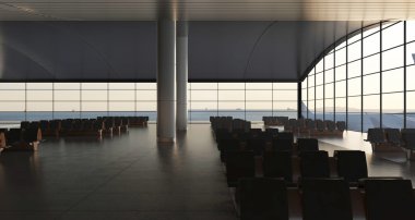 3D render. Modern Havaalanı yolcu terminal.