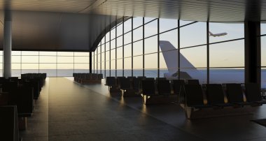 3D render. Modern Havaalanı yolcu terminal.