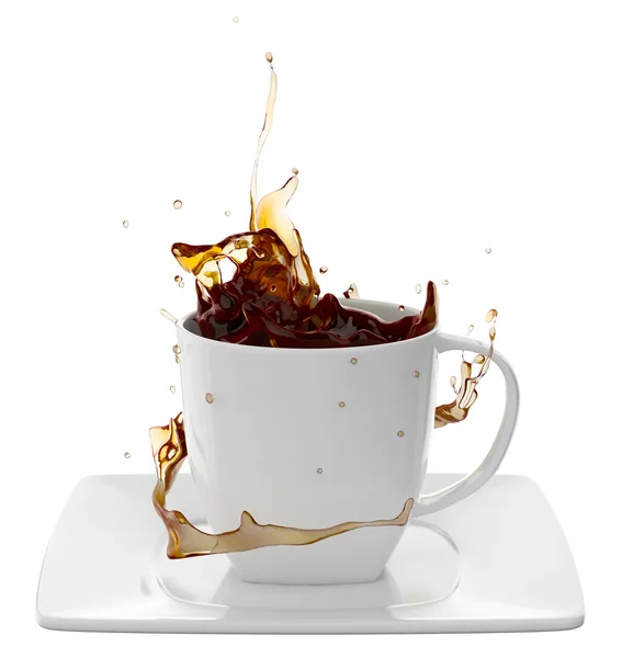 Taza de café con salpicaduras, aislado en blanco — Foto de Stock