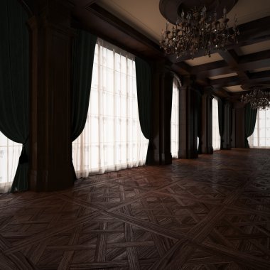 3D render. Klasik okuma odası