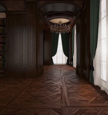3D render. Klasik okuma odası