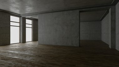 3D render. boş iç. beton duvarlar