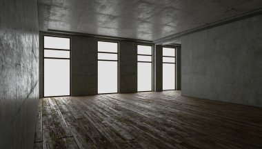 3D render. boş iç. beton duvarlar