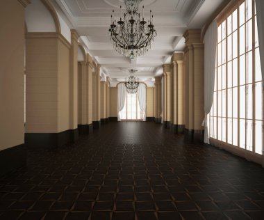 3D render. Klasik salon boş iç. Koyu ahşap parke zemin. Işık krem duvarları