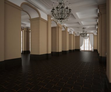 3D render. Klasik salon boş iç. Koyu ahşap parke zemin. Işık krem duvarları