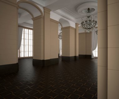 3D render. Klasik salon boş iç. Koyu ahşap parke zemin. Işık krem duvarları