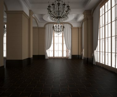 3D render. Klasik salon boş iç. Koyu ahşap parke zemin. Işık krem duvarları
