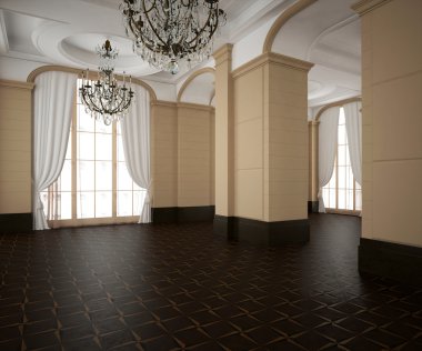 3d rendering.Classic hall, blank interior. Wooden dark parquet floor. Light Cream walls clipart