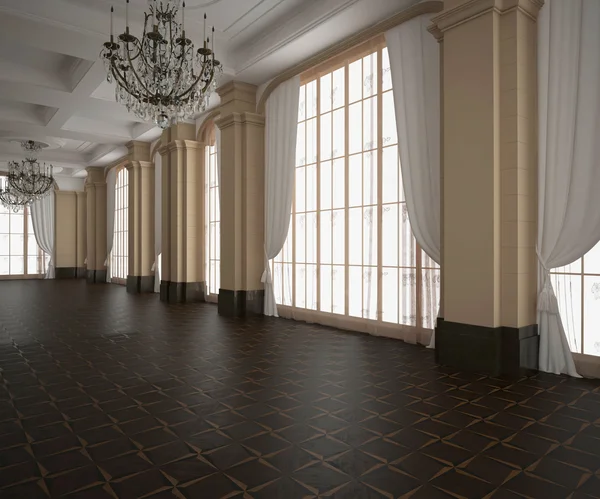 3D-rendering. Klassieke hall, leeg interieur. Donkere houten parketvloer. Lichte crèmekleurige muren — Stockfoto