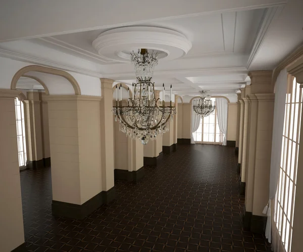 3D-rendering. Klassieke hall, leeg interieur. Donkere houten parketvloer. Lichte crèmekleurige muren — Stockfoto