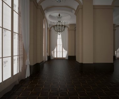 3D render. Klasik salon boş iç. Koyu ahşap parke zemin. Işık krem duvarları