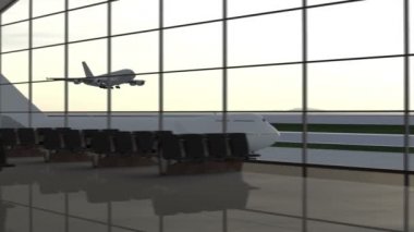 Modern havaalanı yolcu terminali. Uçak inişi. Uçan uçak.
