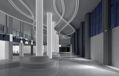 Alışveriş Merkezi iç. Boş salonu iç seramik kat tavana uzanan pencereler ve doğal arka plan ile