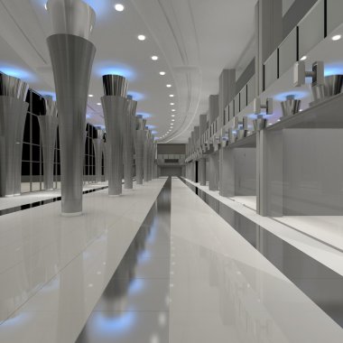 Alışveriş Merkezi iç. Boş salonu iç seramik kat tavana uzanan pencereler ve doğal arka plan ile