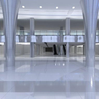 Alışveriş Merkezi iç. Boş salonu iç seramik kat tavana uzanan pencereler ve doğal arka plan ile