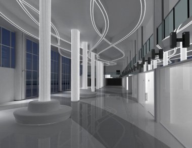 Alışveriş Merkezi iç. Boş salonu iç seramik kat tavana uzanan pencereler ve doğal arka plan ile