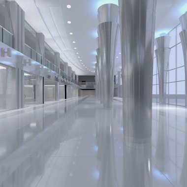 Alışveriş Merkezi iç. Boş salonu iç seramik kat tavana uzanan pencereler ve doğal arka plan ile