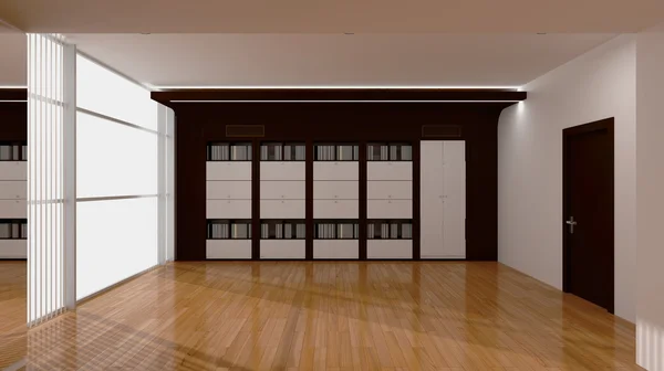 Interior en blanco con paredes blancas, suelo de roble. Sala de libro — Foto de Stock
