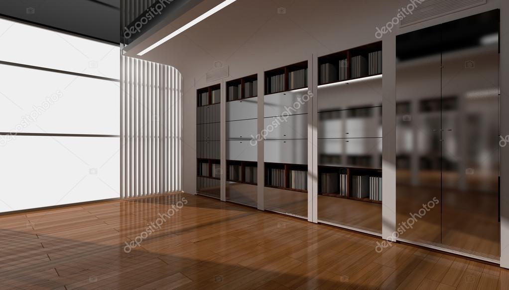 Blank interior with white walls, oak floor. book Room