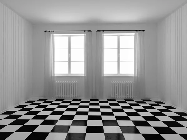 Rendering 3D. Una stanza con pareti bianche. Scacchiera piastrelle sul pavimento — Foto Stock