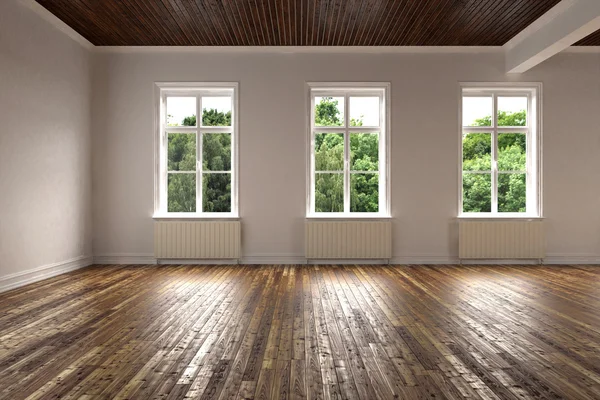 3d rendering. blank interior. White walls. Wooden floor. The garden outside the window — Stock Photo, Image