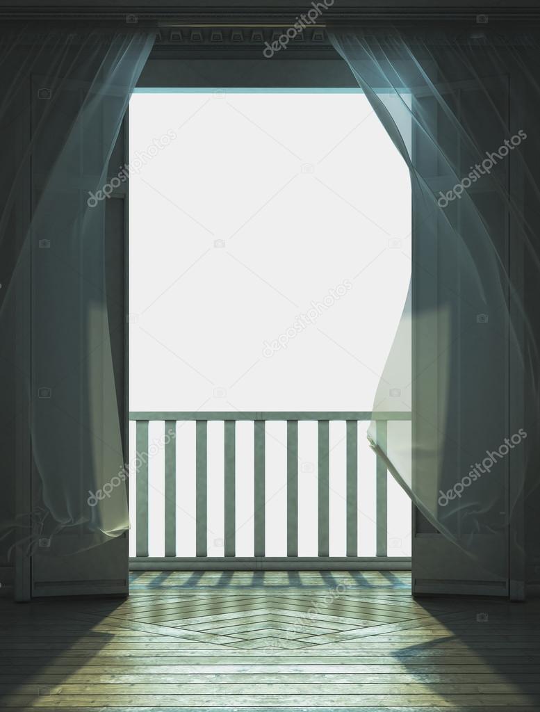 3d rendering.Room with doors open to the balcony, illuminated by the morning sun. Curtains, fluttering in the wind