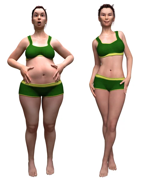 Vet en slanke vrouw tegenover elkaar op witte achtergrond - voor en na dieet, goede voeding, Fitness- en wellnesscentrum — Stockfoto