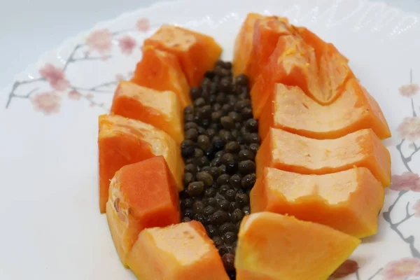 Tasty Healthy Colorful Papaya Cut Peace Seed — Stock Photo, Image