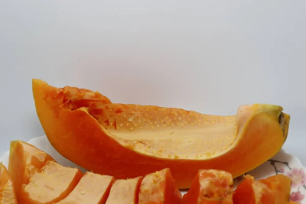 Leckere Und Gesunde Bunte Papaya Geschnitten Frieden Nahaufnahme — Stockfoto