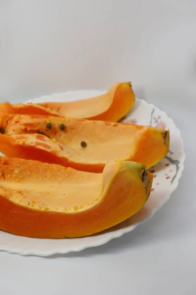 Välsmakande Och Friska Färgglada Papaya Klippa Fred Närbild — Stockfoto