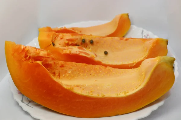 Ízletes Egészséges Színes Papaya Vágott Béke Közelkép — Stock Fotó