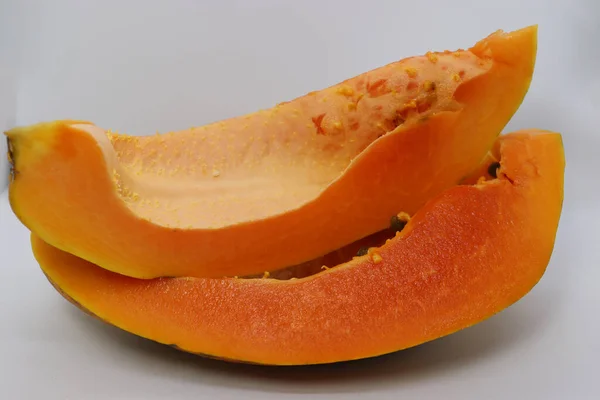 Ízletes Egészséges Színes Papaya Vágott Béke Közelkép — Stock Fotó