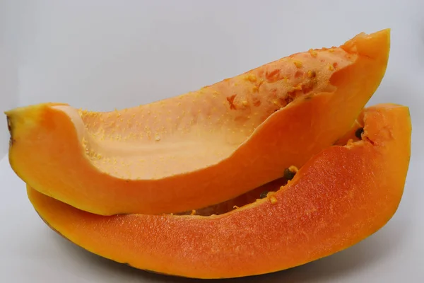 Ízletes Egészséges Színes Papaya Vágott Béke Közelkép — Stock Fotó