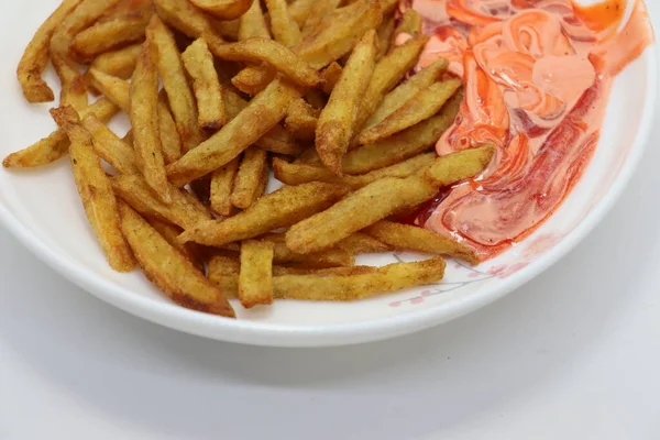 Sabroso Saludable Caldo Papas Fritas Con Salsa Plato —  Fotos de Stock