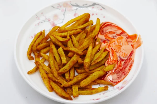 Смачні Здорові Картоплю Фрі Соусом Тарілці — стокове фото