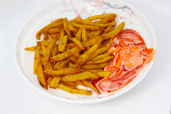 Goda Och Friska Pommes Frites Lager Med Sås Tallriken — Stockfoto